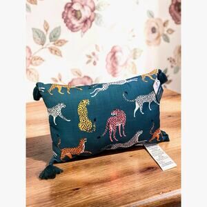 Comfort Bay Toss Pillow 16 x 10 Leopard Cheetah Animal Print Teal Tassels NWT